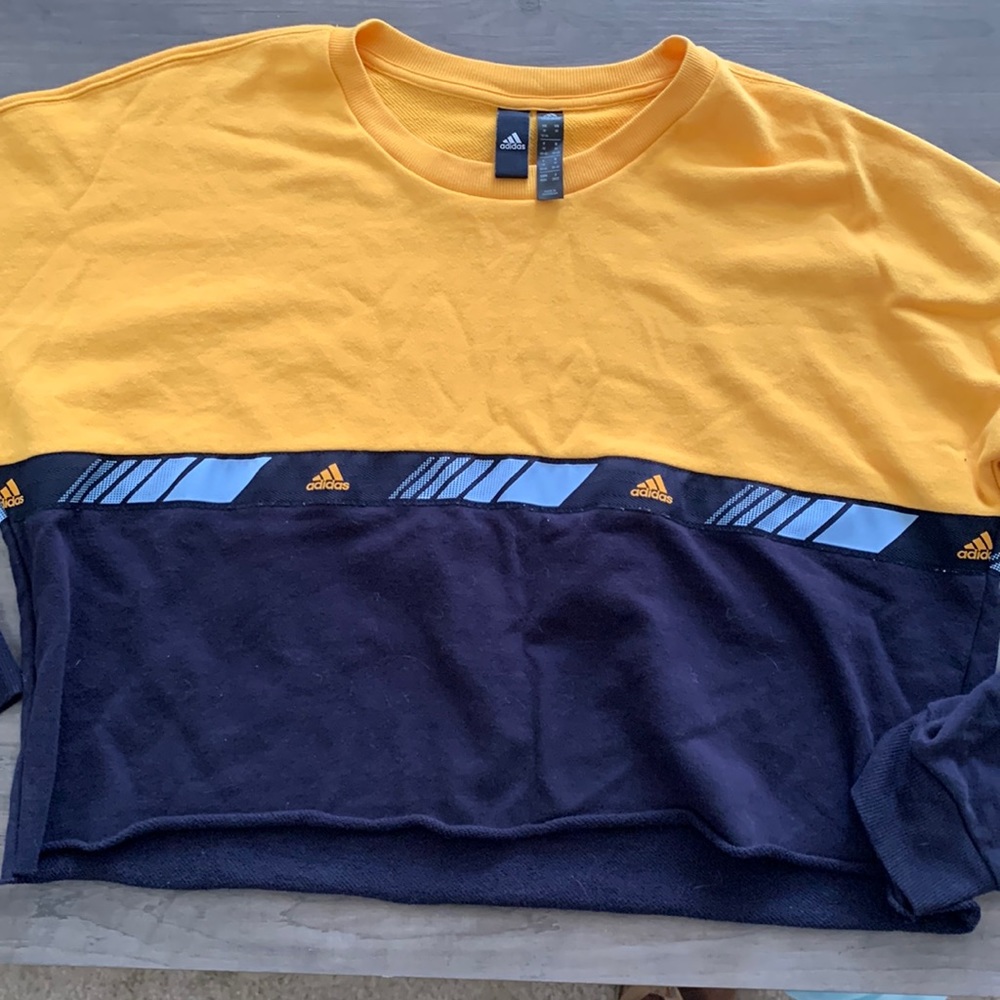 Adidas women’s crop lightweight sweatshirt, blue and gold women’s size medium